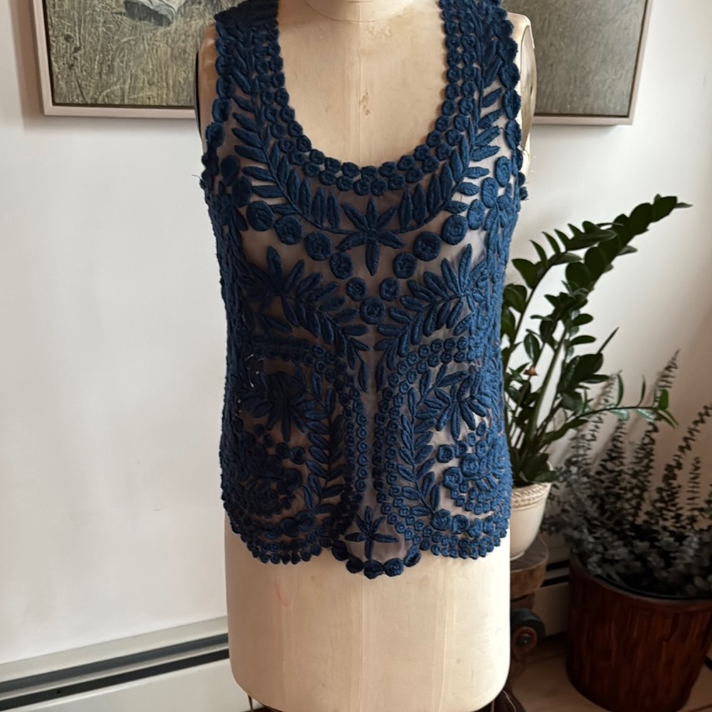 Yoana Baraschi Anthropologie sheer crochet tank sz xs beautiful blue